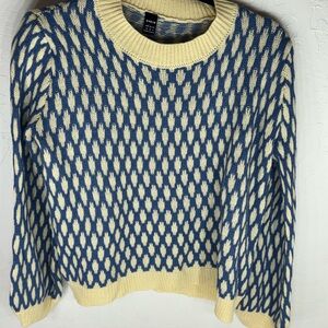 SHEIN Blue and Cream Crew Neck Sweater with Geometric Pattern